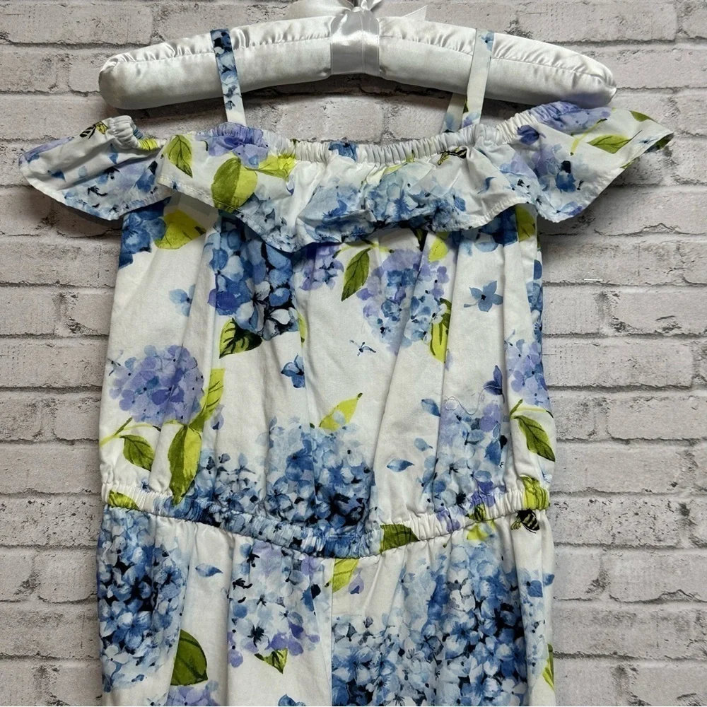 Gymboree Size 3T Floral Lined Jumpsuit Blue White Off Shoulder Ruffles Bees